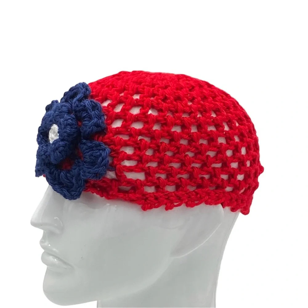 Girl's Hand-Crocheted Red and Navy Flower Beanie